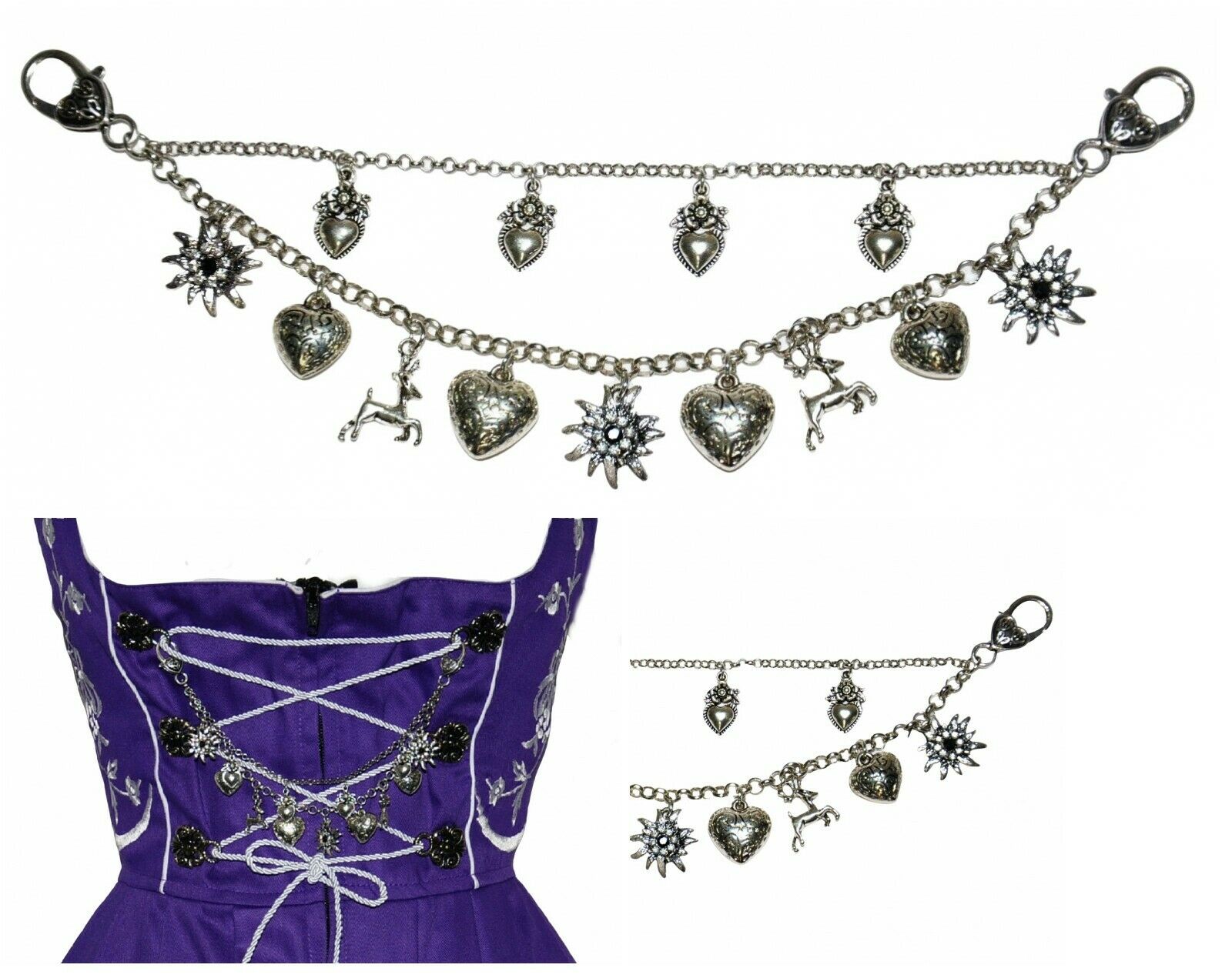 Charivari  Dirndl Dress German Necklace Chain Oktoberfest EDELWEISS DEER HEART